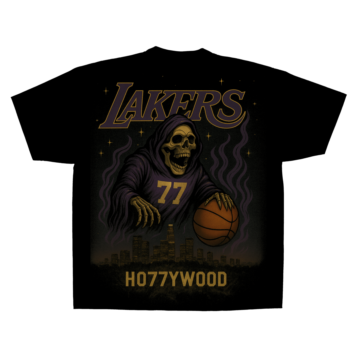 Black t-shirt with a skeleton holding a basketball and 'LAKERS' text on a white background