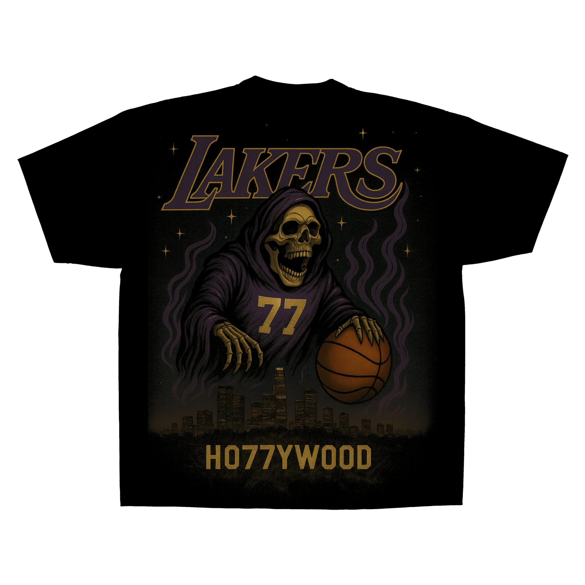 Black t-shirt with a skeleton holding a basketball and 'LAKERS' text on a white background